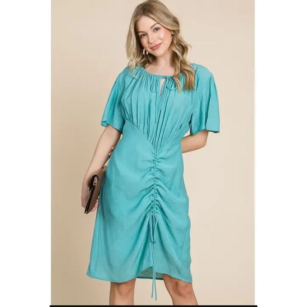 Ruched Teal Mini Dress with Tie Neck - Unbranded